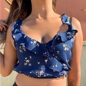 WOMENS NAVY BLUE RUFFLE STRAP FLORAL CROP TOP